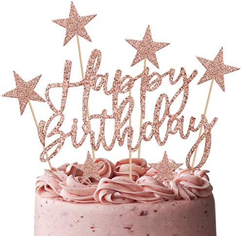 iZoeL 2 Kit Decoration Gateau Anniversaire Fille Rose Gold, Décoration Ballon Gateau Femmes Couleur Champagne, Decor Gateau Happy Birthday Coeurs Étoiles pour Fête Anniversaire