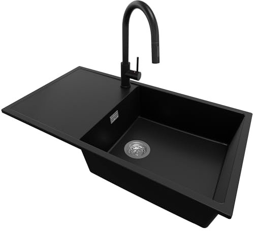 PRIMAGRAN Granitspüle Schwarz 90x50cm, Spülbecken 1 Becken + Ablauf-Set + Küchenarmatur 40x22cm, Küchenspüle ab 60er Unterschrank - Ibiza