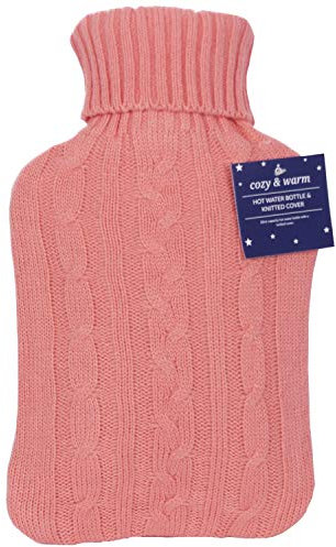 Cosy & Warm 2 Litre Capacity Hot Water Bottle with Knitted Cover (Pink Knitted Cover)