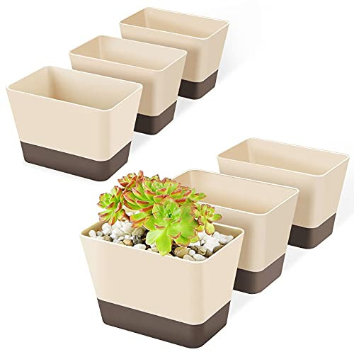 Pflanztöpfe für den Innenbereich mit Drainage, Grüner, 6 Stück, 15.2 x 9.5 cm, Kräuterfensterkästen mit Untersetzer, moderne Kunststoffpflanze, Blumen, Sukkulenten, Büro, Outdoor-Dekoration