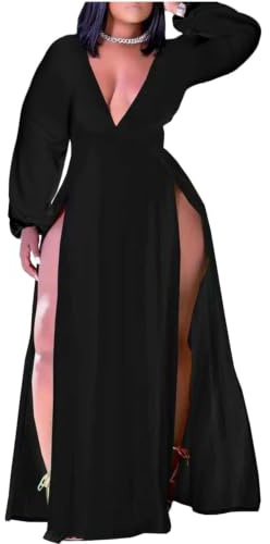 Ekaliy Damen Maxi-Kleid, ärmellos, tiefer V-Ausschnitt, vorne geteilt, lang, Übergröße