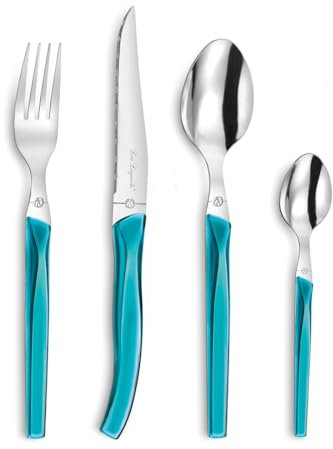 Lou Laguiole RISING SUN Besteck Set 6 Personen | 24-teilig | Türkis glänzend | Essbesteck 6 Personen spülmaschinenfest | 18/0 Edelstahl mit Mikroverzahnung | 6x Messer, Gabel, Löffel & Kaffeelöffel