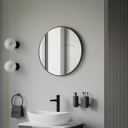 Bernstein® Badezimmerspiegel 8232 rund mit Leichtmetallrahmen in Schwarz, Weiß und Gold Wandmontage Wandspiegel Badspiegel Bad, Spiegel mit Aluminiumrahmen in Schwarz, Spiegel Ø 60cm