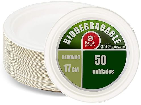Platos Desechable Vajilla Ecológica y Biodegradable 50 piezas,Platos Caña de Azúca Blanca Desechables Extrafuertes Redondo 17cm para Fiestas,Camping,Picnic,Barbacoas
