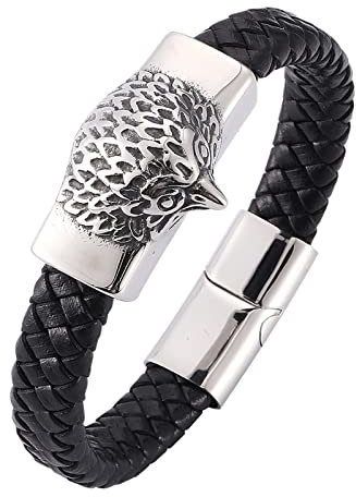 Whoiy Armbänder für Herren Schwarz, Armband Lederband Damen Raptor Eagle Head Geflochtenes Lederarmband Korbgeflecht für Männer 18.5cm