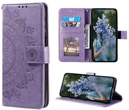 CoverKingz Handy Tasche kompatibel mit iPhone 14 Pro - Handycase mit Kartenfach Handyschutzhülle Cover - Smartphonehülle klappbar Motiv Mandala Lila