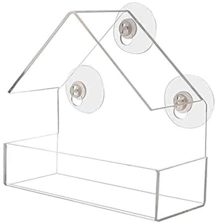Window Bird House Feeder with Extra Strong Suction Cups Clear Bird Seed Holder for Outside Birdhouse Shape WMBF0001