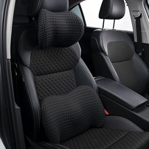 HUARXUNEG Adjustable car seat neck pillow and lumbar support pillow, 100% memory foam & 4D mesh cover, suitable for car seats, game chairs, etc (Polyester, black)