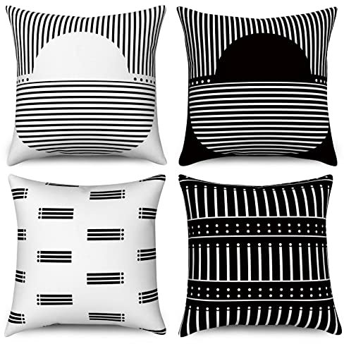 Hnmdmyi Kissenbezug Schwarz und Weiß 40x40 4er Set, Boho Kissenbezüge Modernes Geometrisches Muster Dekorative Leinen Kissenhülle für Sofa Couch Bett Garten Outdoor Home Decor