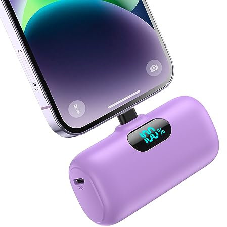 Feob 5000mAh Mini Power Bank for iPhone, Upgraded 15W PD Fast Charging Portable Charger, LCD Display 3.0A Small Battery Pack Compatible with iPhone 14/14 Pro Max/13/13 Pro Max/12/11/XR/X, etc -Purple