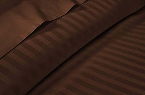 Juego de sábanas 100% algodón egipcio de fibra larga de 4 piezas + 1 funda de edredón con cremallera, ropa de cama de 400 hilos con sábana bajera ajustable de 35 cm de profundidad, rayas chocolate,