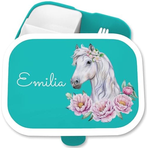 Brotdose Kinder Campus für Mepal - Pferd Pferde - Lunchbox Pferdekopf Brotbox Pferdemädchen Geschenk Mädchen I - 750 ml - Türkis - personalisierte brotdosen 1. klasse geschenke horse floral