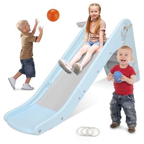 Toboganes Infantiles Interior, Tobogan Bebe 190CM, Tobogán para Niños con aro de Baloncesto y Contera, Toboganes Infantiles para Parque Interior y Exterior, Tobogán Infantiles de 1-6 año,Azul Grisáceo