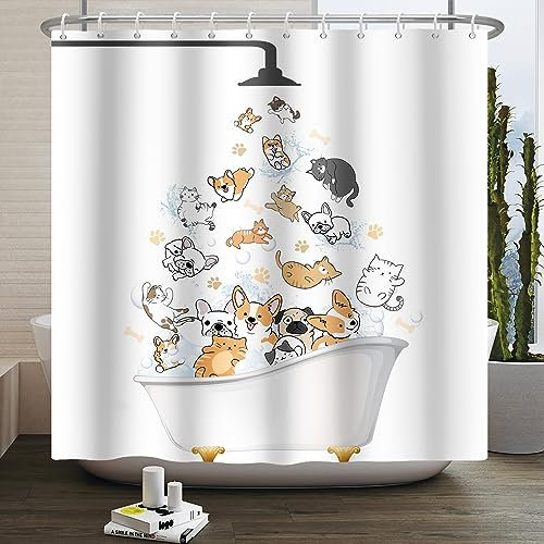 SDOTPMT 180x180cm Divertente Animale Doccia Tenda Da Doccia Carino Cartoon Gatti Cani Bianco Bagno Tenda Campagna Fattoria Vasca da bagno Tenda per Ragazzi Ragazze Bagno Decor con Ganci