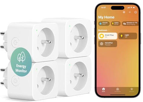 Meross Prise Connectée (Type E), 16A Prise WiFi Compatible avec HomeKit, Alexa et Google Home, Lot de 4 Prise avec Mesure de Consommation Électrique, Commande Vocale et Contrôle à Distance