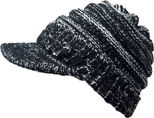 XYIYI Schwarz Weiß Damen Winter Warm Strickmütze Gerippt Slouchy Beanie Mütze mit Visor Krempe