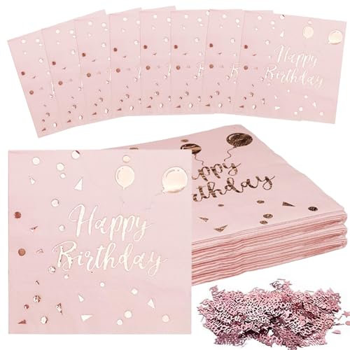 40 Pack Birthday Napkins, 2 Layers Pink Rose Gold Napkins, Happy Birthday Napkins with Confetti, Disposable Party Napkins Set for Table Decorations Cocktail Supplies