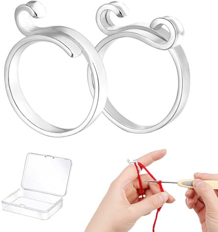 Mezrkuwr 2 Stück Verstellbarer Häkelring für Finger, geflochtener Strickring mit Kunststoffbox, Garnspannringe zum Häkeln, Strickzubehör, Stile Silber