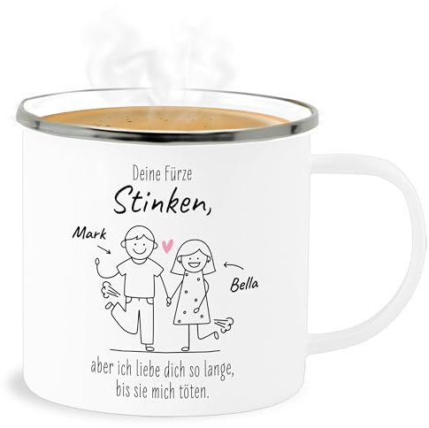 Emaille Becher Blechbecher - Valentinstag Partner Freund & Freundin - Deine Fürze Stinken - 300 ml - Weiß Silber - tasse püpse liebeserklärung furz blechtasse für pupser tassen paar pups blech