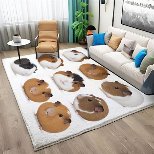 Waschbarer Home Teppich 80x150cm Aufdruck Mit Tier-Meerschweinchen-Motiv Flauschiger und Rutschfester Kurzflor Teppich Weiß für Esszimmer Wohnzimmer und Schlafzimmer Moderne Deko