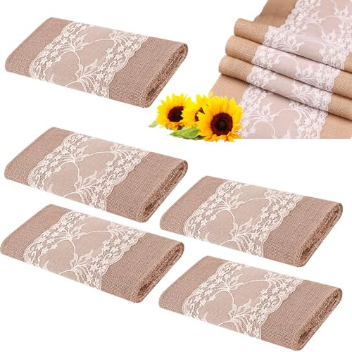 Tischläufer Jute mit Spitze Weiß, 5 Stück Tischläufer 30*275CM Vintage Juteband Petunie Spitze Tischband für Hochzeit Festival-Ereignis Tischdekoration Party Dekoration Geburtstag