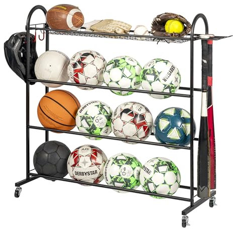 eluno Supporto per palline sportive in acciaio nero con mensole, supporto per mazza da baseball e ganci per riporre palloni da calcio, pallavolo, pallacanestro