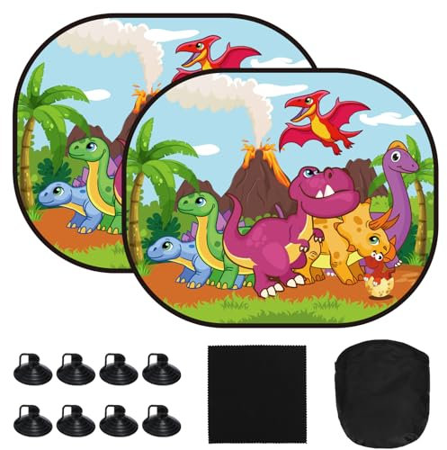 MONCAP 2Pcs Pare Soleil Voiture Bébé 44x36cm Pare-Soleil Auto-Adhésifs pour Enfants Motif de Dinosaure Pare-Soleil Voiture pour Protection Bébé Animaux et Fenêtres Intérieures Anti-Solaire et UV