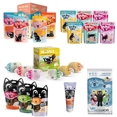 Lucky Lou Probier-Paket mit Katzenfutter nass und trocken & Katzen-Leckerlis in verschiedenen Sorten - Katzen-Leckerlie, Nassfutter & Trockenfutter ohne Getreide & Zucker im Mix