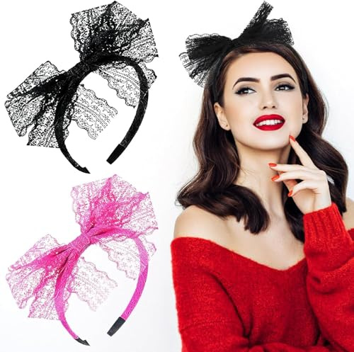 2 Stück Spitze Schleife Stirnband 1980er Jahre Elastisch Cosplay Haarreif Große Schleife Neon Spitze Stirnband 80er Jahre Haarschmuck für Mottoparty Frauen Mädchen Karneval Weihnachten Teil tägliche