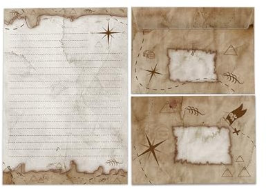 Briefpapier-Set Schreibblock liniert Natur mit Umschlag für Kinder Schule Piraten maritimes Thema Abenteuer (1 Block A5 mit 25 Blättern + 15 passend bedruckte Briefumschläge)