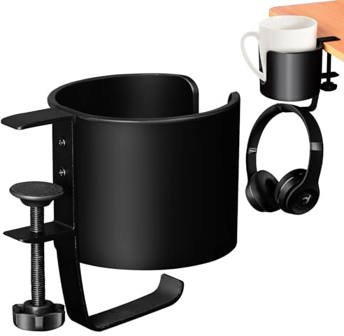 EACHPT 2 in 1 Desk Cup Holder with Headphone Hanger, Anti-Spill Cup Holder for Desk or Table, Easy to Install, Sturdy and Durable, Enough to Hold Coffee Mugs, Water Bottles, Headphones