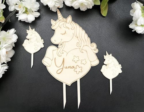 NoriKids Cake-Topper personalisiert & handgefertigt | Tortens- & Muffinstecker aus Holz | Tortendeko Geburtstag | Einhorn mit Herz & Name | individuelle Geburtstagsdeko | personalisierte Geschenke