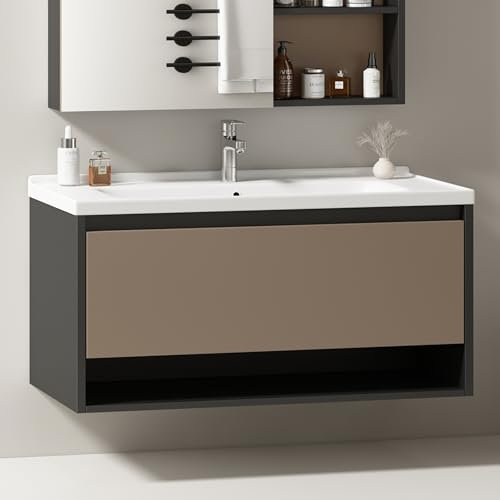Mueble fregadero colgante ancho 90 cm con fregadero y cajones de cerámica, diseño moderno (90×47×54cm)