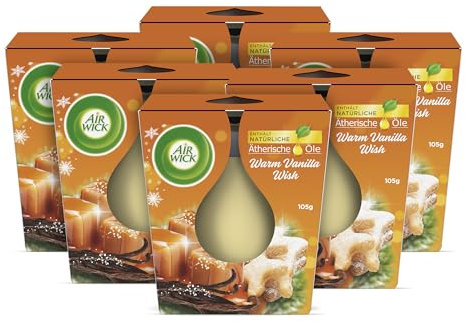 Air Wick Wohlfühl-Duftkerze im Glas – Duft: Warm Vanilla Wish – Je bis zu 20 Stunden Brenndauer – Enthält natürliche ätherische Öle – 6 x 105 g Duftkerzenset, Gelb