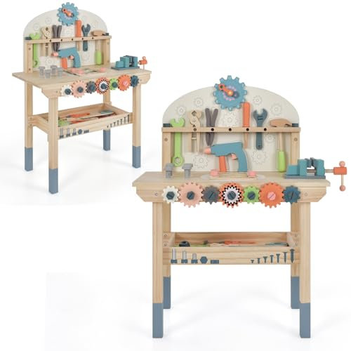 HOMASIS Werkzeugbank Kinder, Werkbank Spielwerkbank Holz, Werkstatt mit 63 TLG. Zubehör & Arbeitsplatte & unteren Ablage, Spielzeug-Werkbank Kinderwerkbank ab 3 Jahre (60x30x79cm)