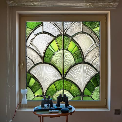 Window Film Privacy 50Cm Wide Green Geometry Privacy Film for Glass Windows,One Way Stained Glass Blackout Window Film,Opaque Window Tint,Bathroom Window Cover Self Adhesive Patterned