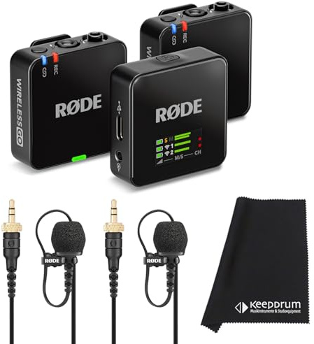 Rode Wireless GO Gen 3 Drahtloses 2-Kanal Mikrofon-Funksystem mit 2X Lavalier II Mikrofon und keepdrum Mikrofasertuch