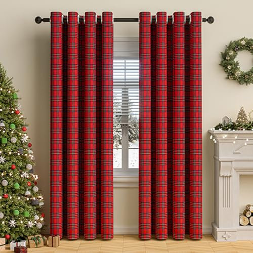 Tokusyou Kariert Vorhänge Blickdicht Gardinen Karo Muster Landhausstil Vintage Rot Baumwolle und Leinen Vorhang mit Ösen Weihnachten Dekoschal für Wohnzimmer Schlafzimmer, 1er Set H160 X B132cm