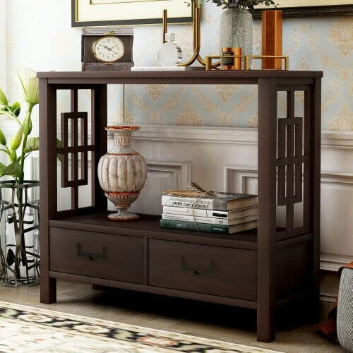Table console d'entrée en bois marron rustique avec étagère de rangement, table d'entrée industrielle avec cadre en métal, longue table fine pour petit espace, table d'appoint moderne de ferme avec D