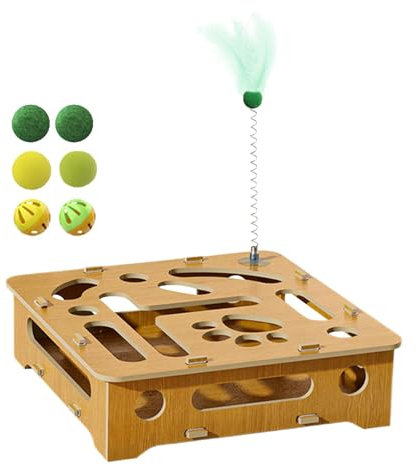 Jlobnyiun Katzenspielzeug aus Holz, Spielzeug für interne Katzen | Puzzle Box Labyrinth aus Holz mit Federn und Bällen – Teaser für Frühlingskatzen, Katzen für Katzen