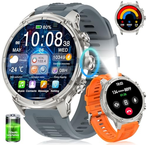 Smartwatch Herren(Taschenlampe),1.85‘’ HD Großes Display/710 mAh Akku Sportuhr Herren mit Telefonfunktion/10ATM Wasserdicht 120+ Sportmodi Fitnessuhr mit Herzfrequenz,Schlafmonitor für Android/iOS