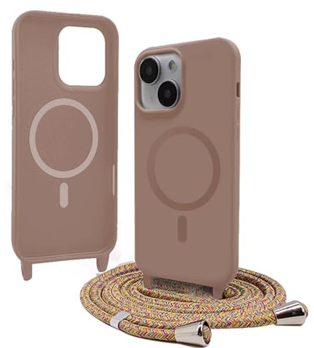Bigcousin Funda Magnética con Cuerda Compatible con iPhone 15 Plus,Compatible con Magsafe,Silicona Caso con Correa Colgante Ajustable Collar Correa de Cuello Cadena Cordón,Marrón