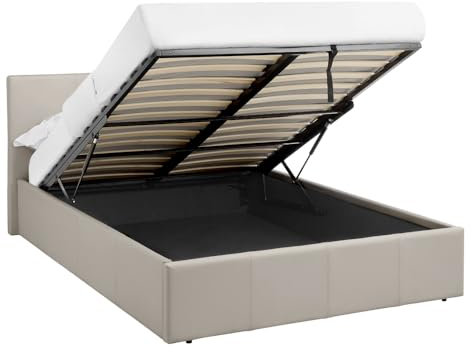 Direct Furniture Suppliers LUNA - UK 4FT6 Double Gas Lift Up Ottoman Storage Faux Leather Space Saving Bedframe (H:88.5cm x W: 153cm x L: 203cm) (Cream)