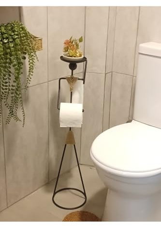 GRANDMIX Funny Standing Toilet Paper Holder with Metal Figurine | Freestanding Bathroom Organizer with Tray for Plant or Phone | Unique Handmade Toilet Roll Stand for Modern Bathrooms and Guest