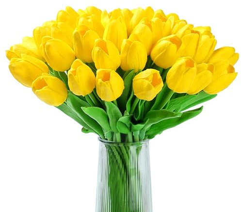 XIANNVXI 20 Pcs Artificial Yellow Tulips,Fake Yellow Flowers,Silk Tulips | 14 Decorative Faux Yellow Flowers for Spring Summer,Farmhouse Cottage,Housewarming,Birthday Party,Indoor Home Office Decor