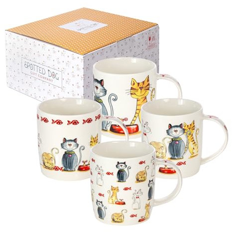 SPOTTED DOG GIFT COMPANY Katzetasse, Kaffeetassen 4 Stück, Kaffeebecher Porzellan mit Süße Katzenmotiv, Geschenke für Katzenliebhaber (350ml)