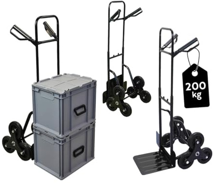 PROREGAL Treppensackkarre Odin | HxBxT 111x60x43cm | Tragkraft 200kg | Hartgummi-Bereifung | Stahlrahmen | Schwarz | Transportkarre Staplerkarre klappbar