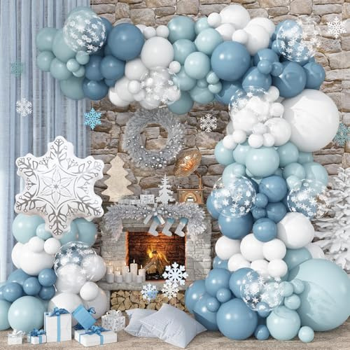 Winter Wonderland Luftballons Girlande Bogen Kit, 101 Stück staubig blau weiß Luftballons mit Schneeflocke Folienballon für Weihnachten Urlaub Eis Schnee Mädchen Prinzessin Thema Babyparty Geburtstag