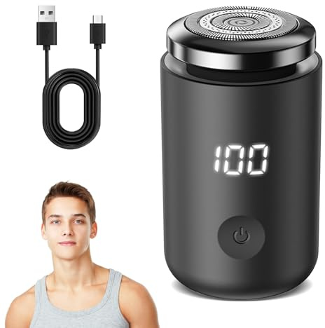 Journeyside Mini Rasierer Herren Elektrisch für Herren, IPX7 Wasserdicht,Tragbarer Mini-Rasierer für Herren, LED-Akkustandsanzeige, Gebogene Doppelring-Reinigungsfolie, Schwarz 01