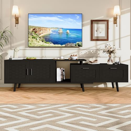 BSMGSGN TV-Möbel aus Rattan mit 2 Türen und 2 Schubladen, Multimedia-Entertainment-Center aus ausziehbarem Holz, mit offenem Regal, TV-Konsolentisch für Wohnzimmer